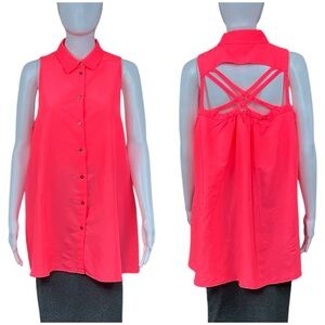 Escada Womens Button Down Tunic Blouse  Sz 14 Cut Outs Back Preppy Fairy